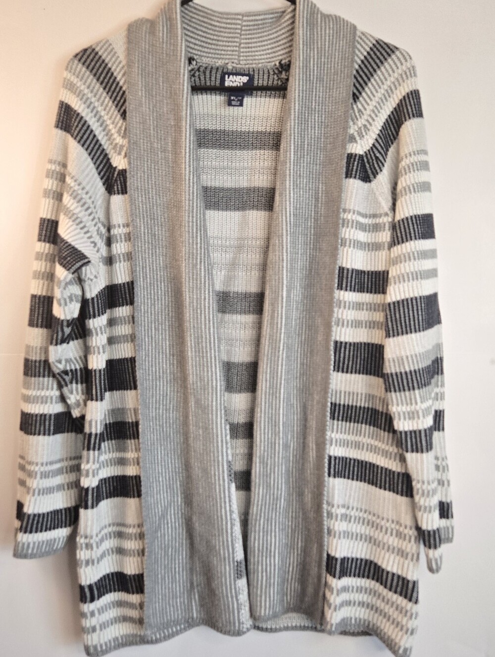 Lands' End Women's Gray & Cream Striped Open Cardigan Sweater